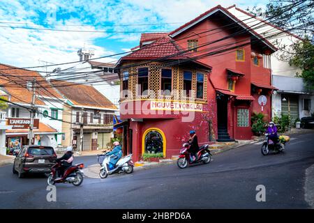 Nguyet Vong Lau is an old house with Chinese architecture and used for food and drink business inside, which attracts tourists to visit in Da Lat Stock Photo