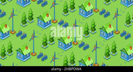 Eco friendly power generation, green energy seamless isometric pattern. House with solar panels and wind turbines, landscape with rural cottage, windmills and sun batteries 3d Vector line art ornament Stock Vector