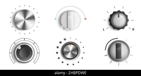 Volume knobs, round adjustment dial. Regulator level and analog buttons, Min Max music sound switchers, round tuners for audio stereo system, isolated ui app design elements, Realistic 3d vector set Stock Vector