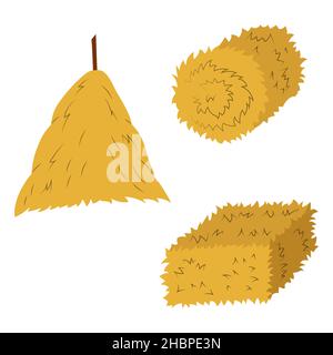 A set of vector illustrations of bales and haystacks. Flat yellow haystacks, round bales of wheat straw Stock Vector