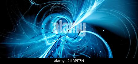 Merging of blue glowing spinning neutron stars into black hole, computer generated abstract background, 3D rendering Stock Photo