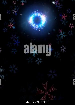 Blue glowing wreath Christmas card, computer generated abstract template, 3D rendering Stock Photo