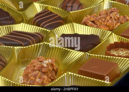 Different chocolate pralines in a golden box. Close up shot of chocolates box. Box of belgian pralines of different shapes. Extreme close up Stock Photo