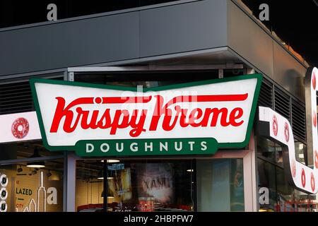 Krispy Kreme signage at their flagship Times Square location in New York.