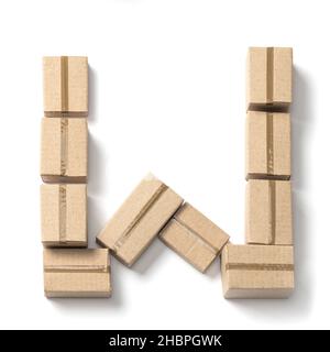 Letter W. Alphabet from cardboard boxes for delivery isolated on white background. Stock Photo