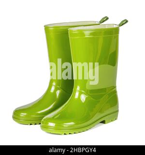 Green rubber boots isolated on white background. Stock Photo
