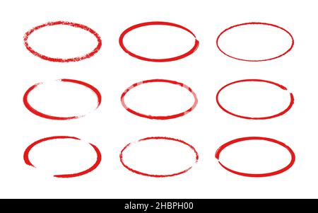 Ink oval frame. Grunge empty red boxes set. Ellipse borders collections. Rubber stamp imprint. Hand drawn vector illustration isolated on white Stock Vector