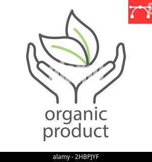 Organic product line icon, healthy and eco friendly, hands holding leaf vector icon, vector graphics, editable stroke outline sign, eps 10. Stock Vector