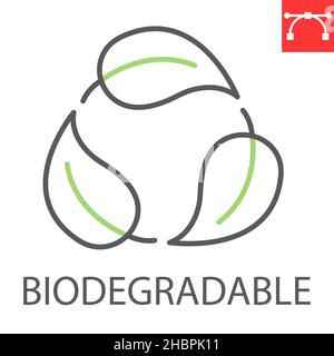 Biodegradable recyclable plastic line icon, eco and recycle, leaf recycling vector icon, vector graphics, editable stroke outline sign, eps 10. Stock Vector