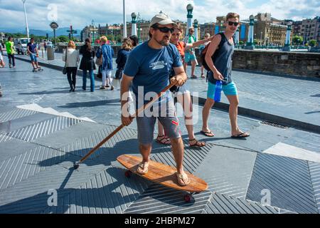 Skateboard row in the Zurriola bridge, Urumea river and Kursaal in blue hour, Donostia San Sebastián, Basque Country Stock Photo