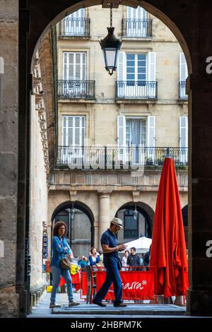 Bars in one of the narrow in the historic Old Town (Casco Viejo), Bilbao, Bizkaia, Basque Country, Spain Stock Photo