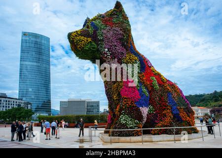 Jeff Koons' sculpture Puppy outside the Guggenheim Museum, Bilbao, Spain. Entrance of of Bilbao Guggenheim Museum reflected in Nervion River, Bilbao, Stock Photo