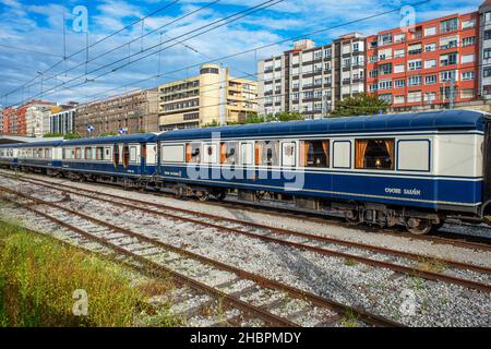 Outisde carriages of Transcantabrico Gran Lujo luxury train travellong across northern Spain, Europe. Stock Photo