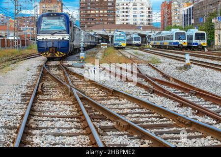 Renfe Feve Engine locomotive of Transcantabrico Gran Lujo luxury train travellong across northern Spain, Europe. Stock Photo