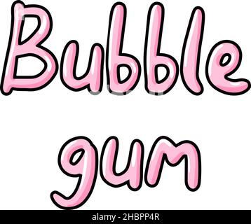Chewing gum vector text illustration. Funny pink lettering bubble gum on white, pink letters, candy funny lettering Stock Vector