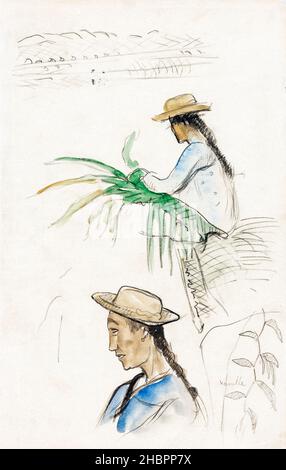 Sketches of Figures, Pandanus Leaf, and Vanilla Plant (ca. 1891-1893) by Paul Gauguin. Stock Photo