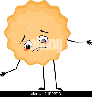 Cute milk cookie character with sad emotions, depressed face, down eyes, arms and legs. Baking person, biscuit with melancholy expression. Vector flat illustration Stock Vector