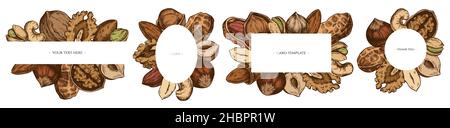 Frames with colored cashew, peanut, pistachio, hazelnut, almond, walnut Stock Vector