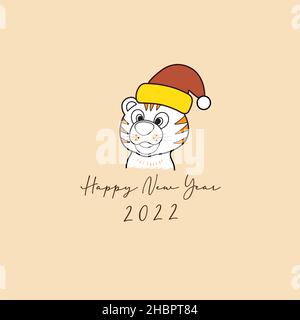 A vector, illustration of a young Bengal tiger, wear Christmas hat in yellow and red, on pastel background with text happy new year 2022 Stock Vector