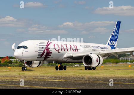 FILE IMAGE: Farnborough, Hampshire, UK. 21st Dec, 2021. Qatar Airways has launched legal action against Airbus over issues with what is being quoted as ‘accelerated surface degradation’ on 21 Airbus A350XWB airliners which has ‘adversely impacting’ its operations. Qatar Airways was the launch customer for the design as was displayed at the Farnborough International Airshow on 14 July 2014, but has discovered flaking and cracked surface coatings. The dispute has gone to the technology and construction division of the High Court in London Stock Photo