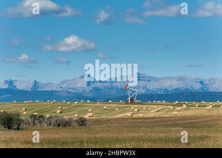 Oil derrick pump among haybales, and farmfeilds in the foothills of Alberta Canada Stock Photo