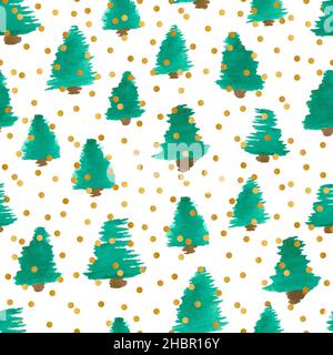 Watercolor Christmas or Pine Tree Seamless Pattern Design with Gold Dots Stock Vector
