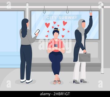 Spending time in public transport with dating app flat color vector illustration Stock Vector