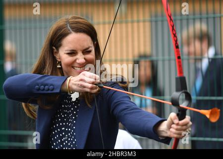 Review of the Year 2021. File photo dated 13/05/21 of the Duchess of Cambridge at a archery session during a visit to the Way Youth Zone in Wolverhampton, West Midlands. Issue date: Tuesday December 21, 2021. Stock Photo