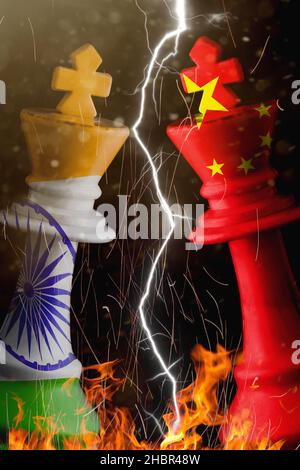 china and india flags paint over on chess king. 3D illustration india vs china. Stock Photo