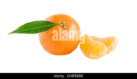 fresh mandarin with green leaf and two slices isolated on white Stock Photo