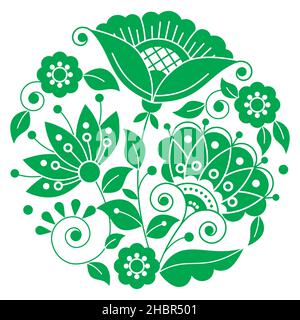 Swedish folk art vector mandala design pattern with green flowers, leaves and swirls inspired by the traditional embroidery from Scandinavia Stock Vector