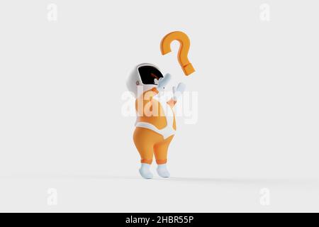 Cartoon space boy catching a question mark. Concept of Quiz, help desk, faq and information. 3D rendering. Stock Photo