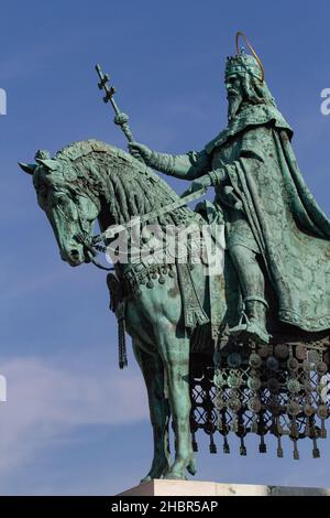 Equestrian statue of St. Stephen, founder of the Magyar state and the first King of Hungary (1000-1038). This bronze statue was created Hungarian scul Stock Photo