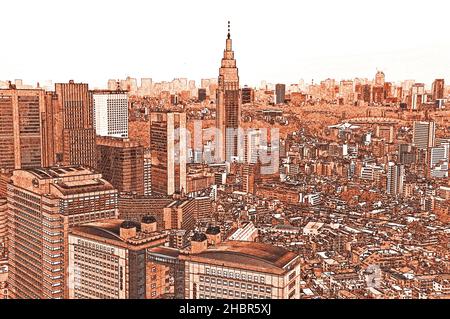 aerial view on Shinjuku district,, Japan, Tokyo  (illustration) Stock Photo