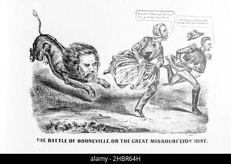 THE BATTLE OF BOONEVILLE, OR THE GREAT MISSOLRI “LYON” HUNT from a collection of Caricatures pertaining to the Civil War published in 1892 on Heavy Plate Paper Stock Photo