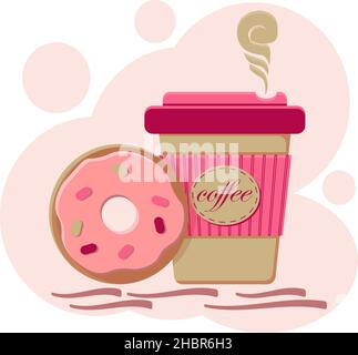 Paper cup of hot coffee and a sweet frosted donut drawing in flat style on a pink background Stock Vector