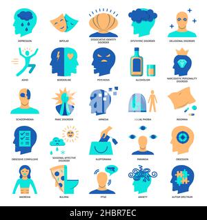 Mental disorders icon set in flat style. Psychological problems symbols collection. Vector illustration. Stock Vector