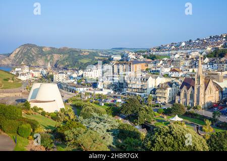 View of the harbour and town of Ilfracombe with The Landmark Theatre in Jubilee gardens Ilfracombe Devon England UK GB Europe Stock Photo