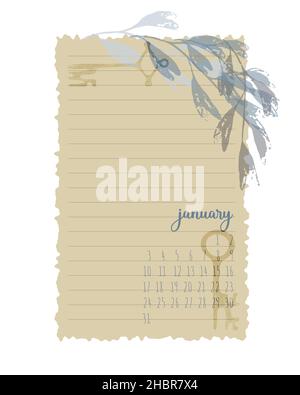 Planner note paper, to-do list, template, decorated with leaf imprint and vintage keys, lined, vector, calendar January 2022. Vector illustration Stock Vector