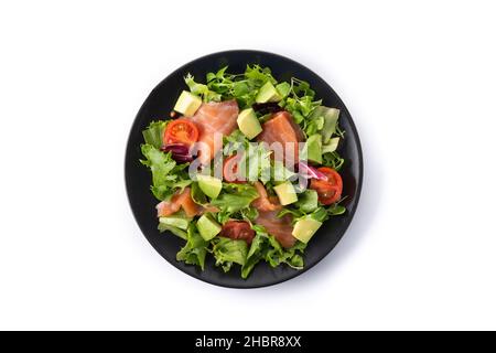 Salmon and avocado salad isolated on white background Stock Photo