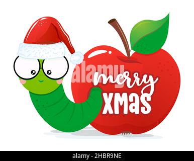 Merry Christmas, cute worm in red apple - funny Maggot with Santa hat. At doodle draw for print. Adorable poster for Xmas party, good for t shirts, gi Stock Vector