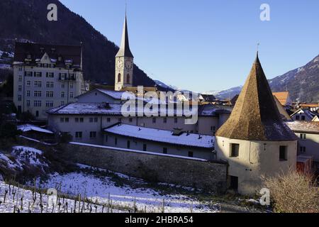 Elevated view of Chur Old Town in Swiss Alps.  Canton of Graubünden (Grisons), S witzerland. Stock Photo