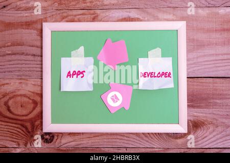 Text showing inspiration Apps Developer. Business concept Graphic artist Software Programmer and Analyst Experts Display of Different Color Sticker Stock Photo
