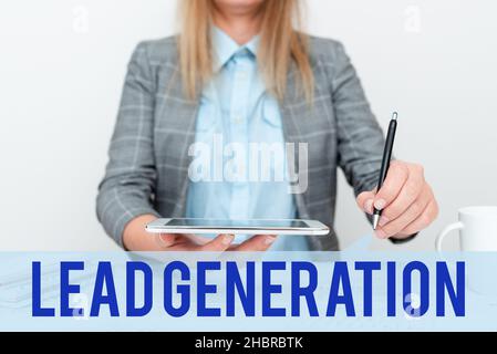 Conceptual display Lead Generation. Word for initiation of consumer interest or enquiry into products Displaying New Smartphone Technology, Discussing Stock Photo