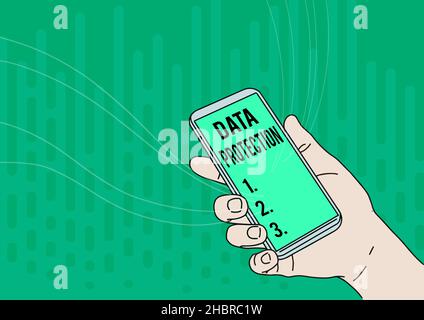 Hand writing sign Data Protection. Business approach safeguarding information away from a possible data breach Hand Holding Mobile Device With Blank Stock Photo