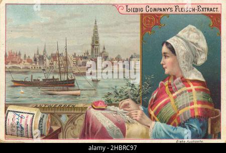 Serie Städte und Menschen, Frau bei Stickarbeiten vor der Kulisse von Antwerpen in Belgien  /  Cities and people series, woman doing embroidery work against the backdrop of Antwerp in Belgium, Liebigbild, digital improved reproduction of a collectible image from the Liebig company, estimated from 1900, pd  /  digital restaurierte Reproduktion eines Sammelbildes von ca 1900, gemeinfrei, genaues Datum unbekannt Stock Photo