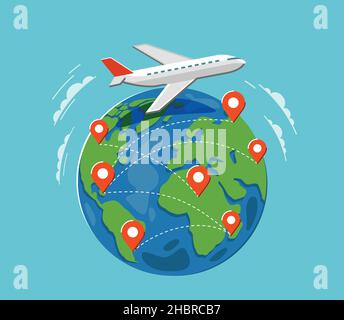 Plane flying. Earth and Pins. Travel, journey flat design vector illustration Stock Vector