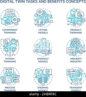 Digital twin tasks turquoise concept icons set Stock Vector