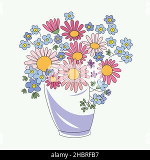 Bouquet with blooming flowers in vase vector flat illustration. Bunch of different flowers isolated on white. Stock Vector