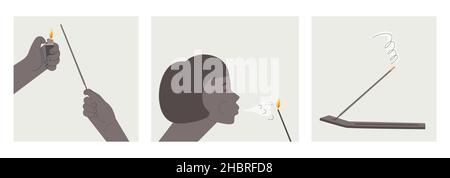 Step by step instructions for incense sticks. How to light and use aromatic incense. Vector flat illustration. Stock Vector